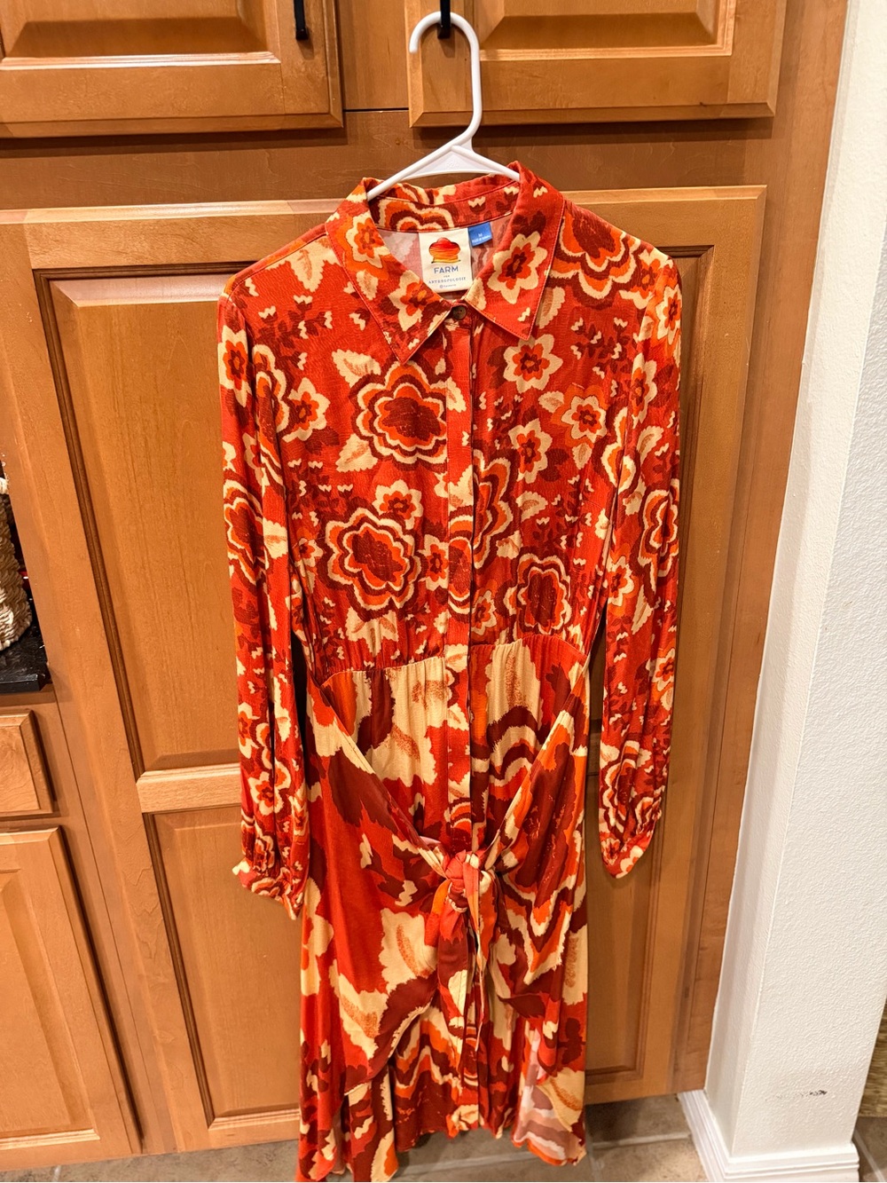 Anthropologie Orange and Cream Floral Long-Sleeve Tie-Front Dress